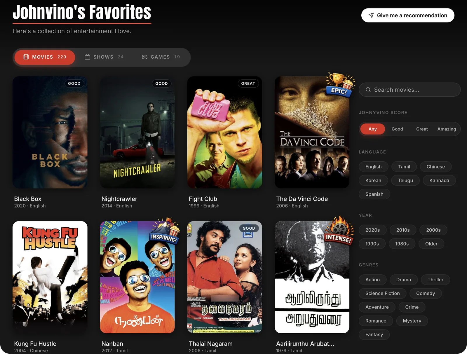 Favorites site preview with movies, shows, and games collection.